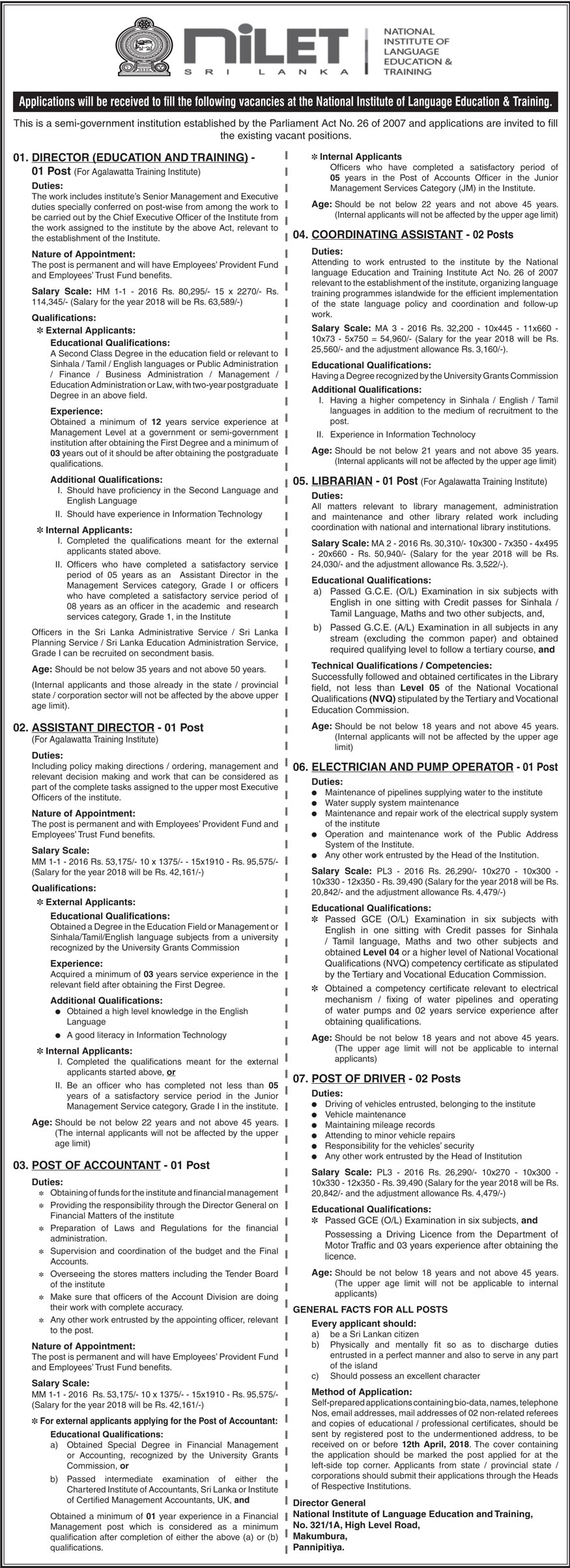 Director, Assistant Director, Accountant, Coordinating Assistant, Librarian, Electrician & Pump Operator, Driver - National Institute of Language Education & Training